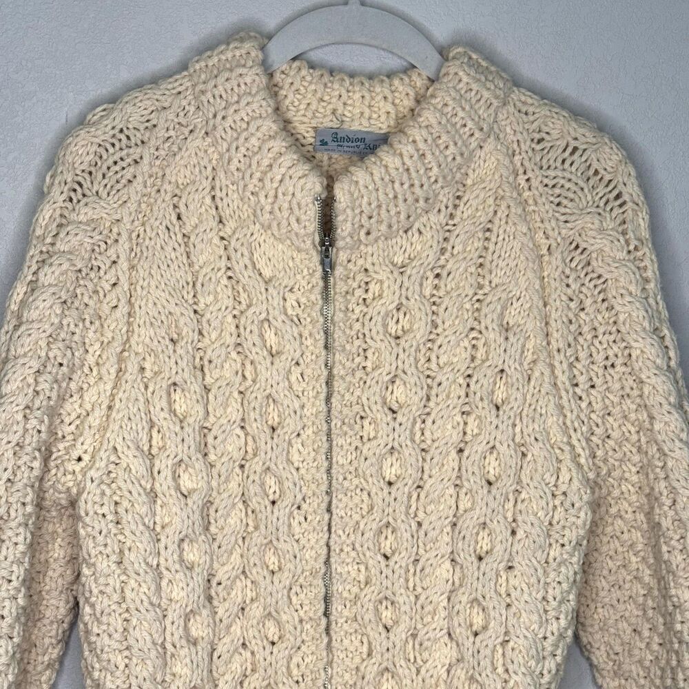 Andion Vintage Hand Knit Cardigan Irish Sweater Womens Small Aran Wool Belt Zip - Picture 2 of 6